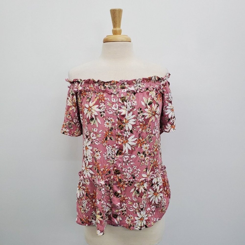 Maurices Womens Off The Shoulder Floral Blouse Top Size 2XL Pink Short Sleeve
